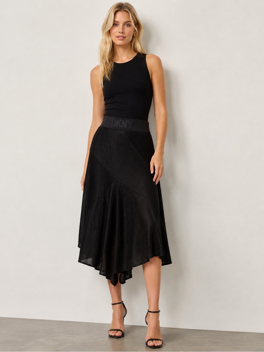 DKNY Black Asymmetrical Pleated High-Low Skirt with Logo Waistband XXS